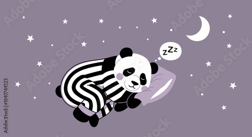 Cute Sleeping Panda Cartoon Illustration At Night With Stars And Moon Background