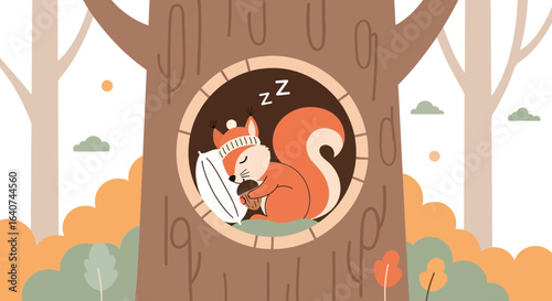 Cute Squirrel Sleeping in a Tree Hollow Cartoon Illustration for Children's Books and Creative Design Projects