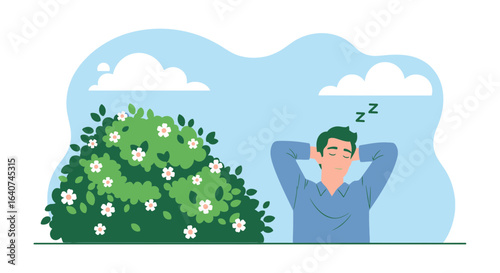 Daydreaming Serenity Young Man Resting in Nature Under Cloudy Sky