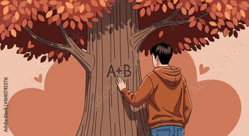 Declaration Of Love Engraved Into An Autumnal Tree Trunk By Young Romantic Man
