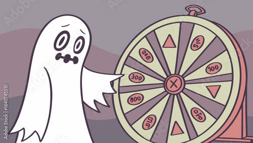 A nervous ghost hesitates before spinning a prize wheel filled with numbers and triangles unsure of what fate awaits