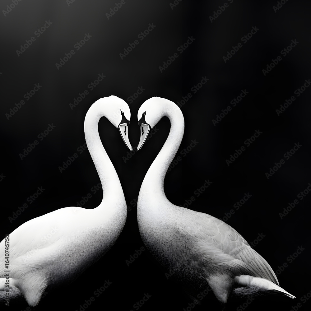 Fototapeta premium Two white swans, facing each other, create a heart shape with their necks and heads against a solid black background. The birds appear realistic.