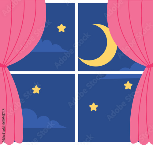 Night Sky Through Window with Open Curtain, Bedroom Window with Pink Curtain, Dark Night Sky with Moon, Star and Cloud, Midnight Outdoor Scene with Modern Window illustration
