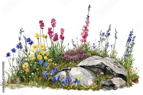 Colorful alpine meadow showcasing vibrant wildflowers among rocky terrain in a serene mountain landscape