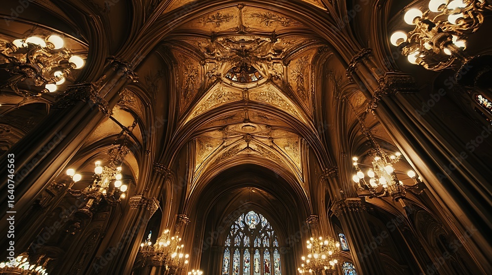 Fototapeta premium Looking Up at Ornate Architectural Interior with Chandeliers