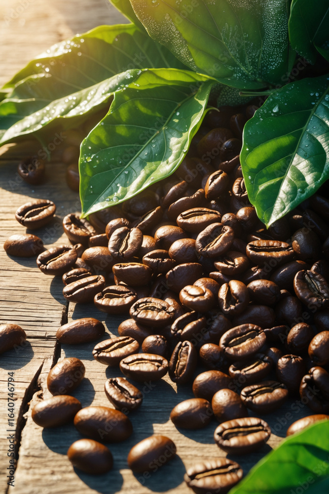 Obraz premium Arabica Coffee Beans with Green Leaves