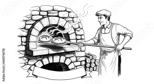 Baker with bread in a stone oven, hand-drawn sketch illustration