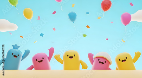 Celebration with Cartoon Characters, Balloons, and Confetti on Blue Sky