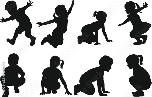 Children silhouette set, playful kid poses, dynamic movement illustration, jumping and squatting figures, energetic child actions, black outline art, childhood activity graphic, minimal design.