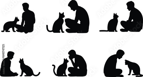 Person and cat silhouette, human animal interaction, sitting and kneeling poses, pet bonding illustration, expressive gesture art, emotional connection graphic, minimalist companion design.