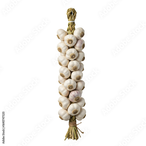 Garlic braid hanging decoration with many bulbs isolated on transparent background