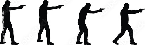 Handgun stance silhouette, tactical shooting pose, firearm training figure, black weapon art, defensive posture, combat readiness, gun handling technique, self-defense illustration, shooter profile.