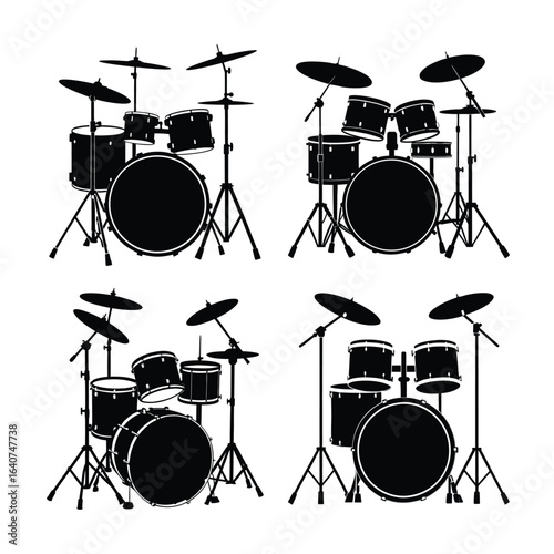 Four Drum Set Silhouettes Arranged in a Square Pattern on White Background