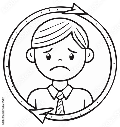 Sad man in continuous cycle showing frustration, burden, or endless loop illustration