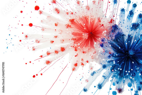 Colorful blue and red fireworks burst against a white background celebrating a festive occasion