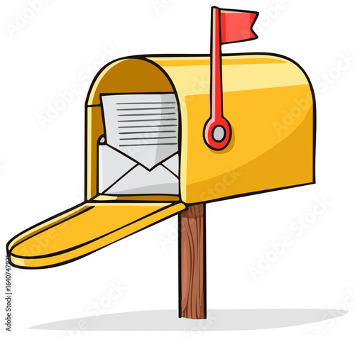Cartoon Yellow Mailbox Illustration Full of Envelopes and Letter with Red Flag Raised