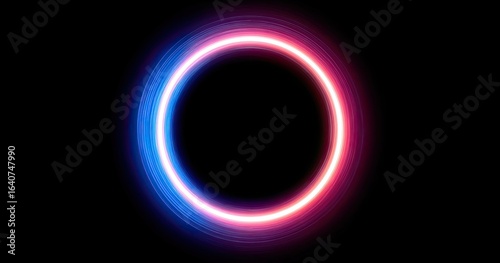 Oval neon ring of pink and blue light against a black background