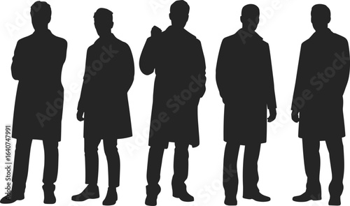 Male silhouette group, long coat fashion, standing pose variation, body language study, black figure design, urban style concept, minimalist art, posture expression, modern attitude.