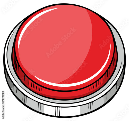 Big bright red round push button with glossy surface and silver base in cartoon style