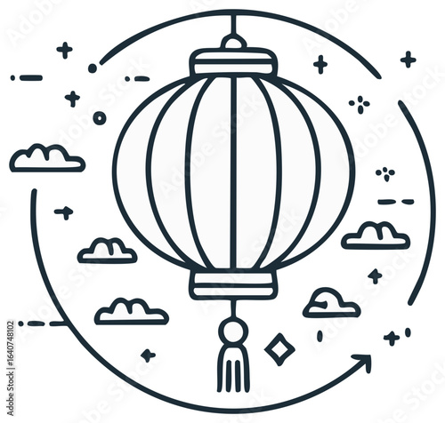 Line Art Asian Lantern Surrounded by Clouds and Celestial Elements