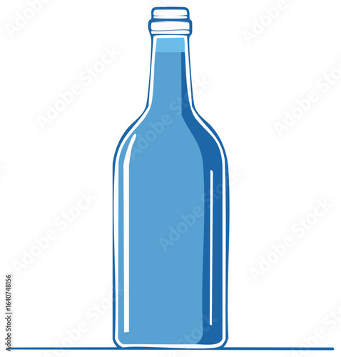 Blue glass bottle, clean, light blue liquid, container, vintage illustration, bottle cap, still life drawing