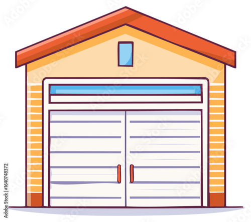 Vector cartoon illustration of a residential garage building with a large closed door and gable roof