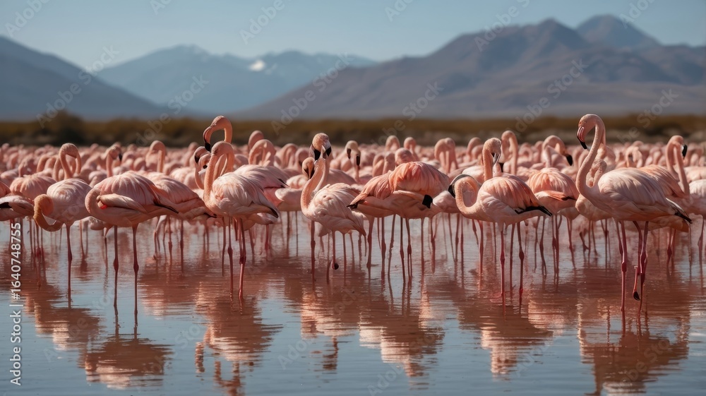 Naklejka premium Pink Flamingos in a Pristine Wetland Landscape
