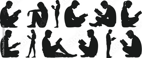 Reading silhouette collection, people with books, sitting pose, standing reader, cross-legged posture, focused activity, black figure art, educational theme, relaxed reading, minimalist design.