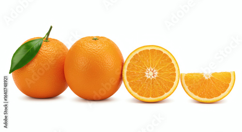 Fresh Oranges: Whole, Halved, and Sliced Citrus Fruits on White Background - High-Quality Stock Photography