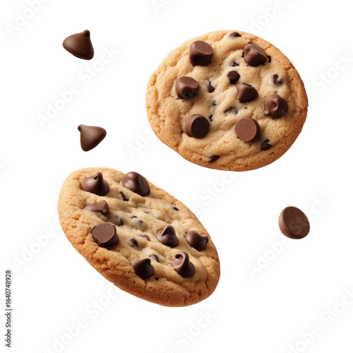 Delicious chocolate chip cookies isolated against a dark transparent background with floating chocolate chips