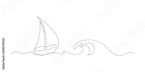 Continuous line of a yacht sailboat and sea wave travel tourism concept one line drawing minimalist vector illustration