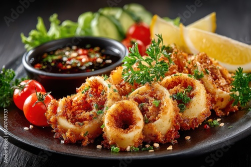 Crispy fried calamari rings on black plate, seafood appetizer with lemon wedge and dipping sauce, gourmet pub food closeup