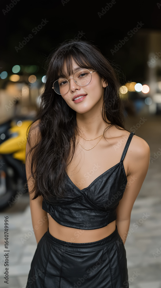Fototapeta premium Smiling brunette in black crop top at night