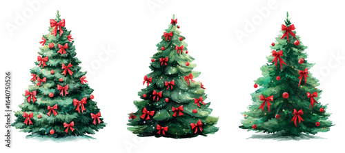 Watercolor green Christmas trees decorated with red bows png. Forest green Christmas trees decorated with red bows made of satin ribbon. Vintage Christmas tree decor. Christmas and New Year decor