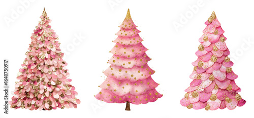 A set of pink Christmas trees with gold elements. Pink and gold watercolor Christmas tree. Decorative Christmas and New Year trees with gold paints. Christmas elements