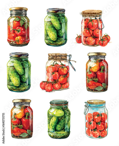 Set of glass jars with preservation of cucumbers, tomatoes and peppers. Homemade preparations of vegetables in jars for the winter. Glass jars with preservation with closed lids.