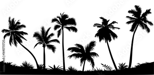 Palm tree black silhouettes seamless border. Monochrome hand drawn vector illustration isolated on transparent background