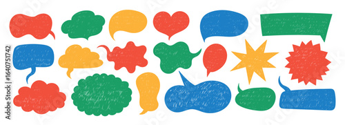 Set of speech bubbles with organic texture of crayon, chalk or pastel . Star, heart, cloud. Color vector illustration on a white background.