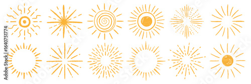 Set of scribble sunburst with organic texture of crayon, chalk or pastel . Collection of cute suns. Yellow vector illustration on a white background.