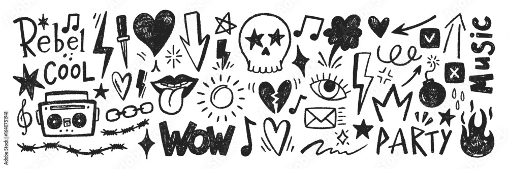 Grange punk elements with chalk, pastel or crayon texture. Hand drawn sketch tattoo shapes. Color vector illustration in retro style.