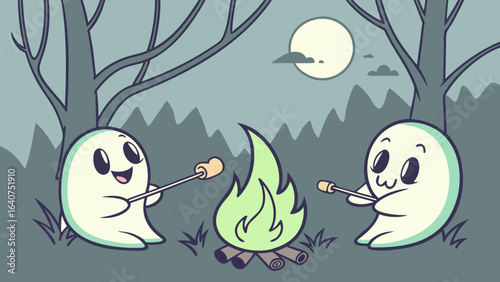Two adorable cartoon ghosts happily roasting marshmallows over a campfire under a full moon in a spooky forest setting