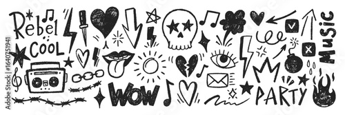 Grange punk elements with chalk, pastel or crayon texture. Hand drawn sketch tattoo shapes. Color vector illustration in retro style.