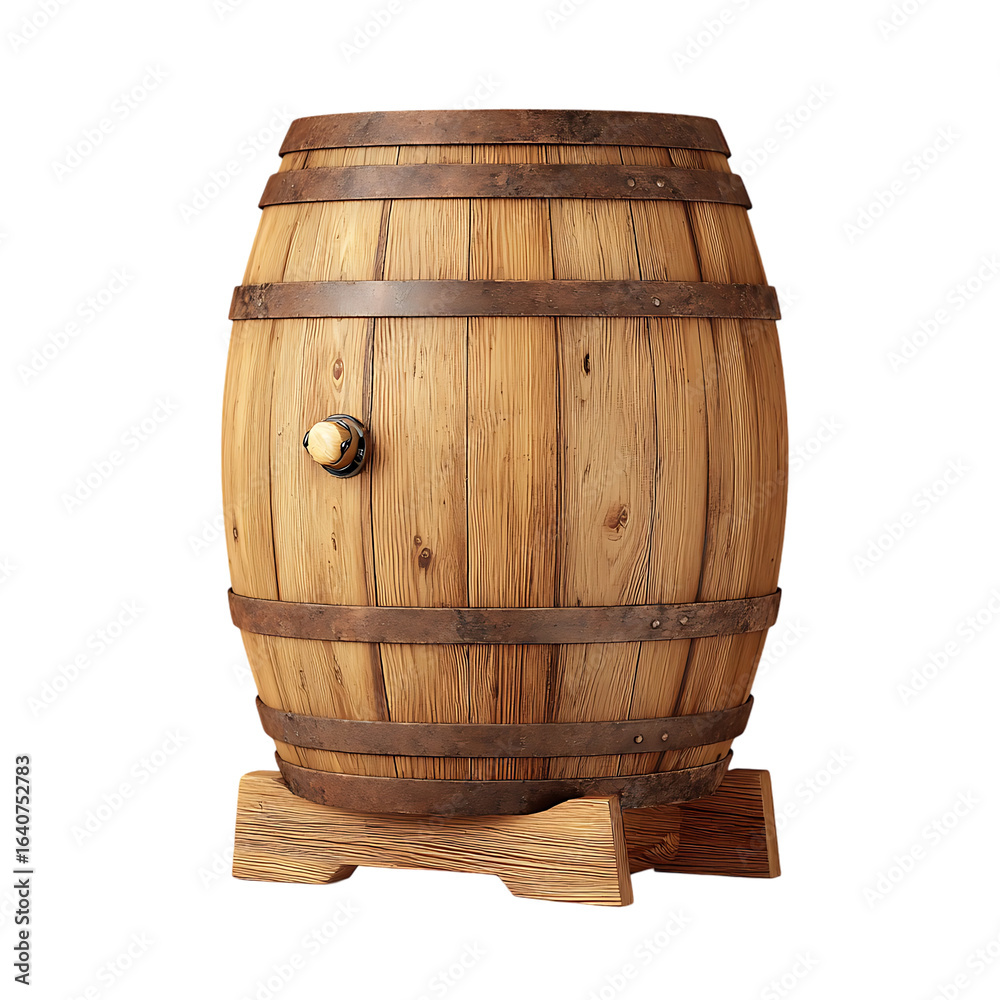 Fototapeta premium Wooden barrel on a stand against a black background.