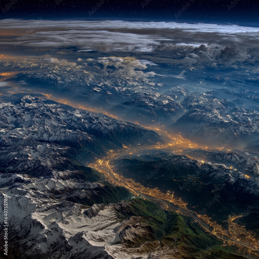 Fototapeta premium Earth view, alpine valley at night, snowy peaks, city lights