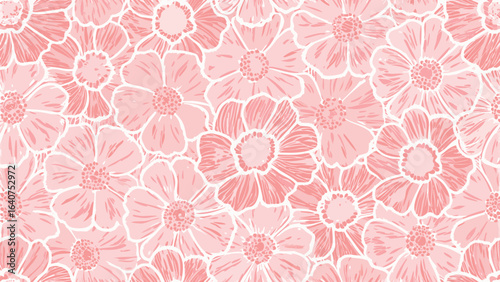 Seamless pattern of pink flowers with white outlines filling the entire frame in a floral design