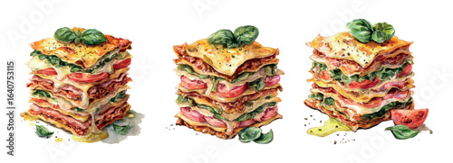 Set of pieces of Italian lasagna in watercolor style. Appetizing lasagna with tomatoes and decorated with a sprig of basil. Italian cuisine concept. Elements for menus and food designs.