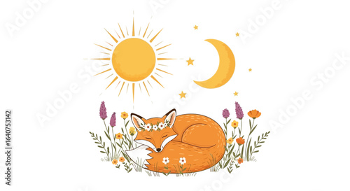 Delightful Illustration of a Sleeping Fox with Floral Crown Beneath the Sun and Moon