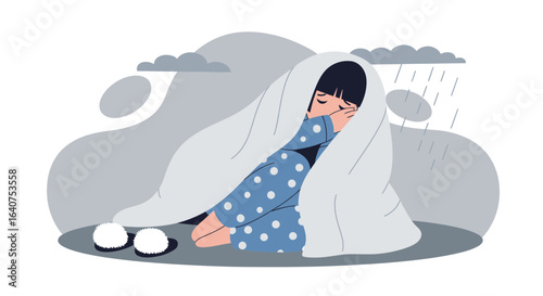 Despair in solitude: a depiction of a girl overwhelmed by sadness and wrapped in a blanket