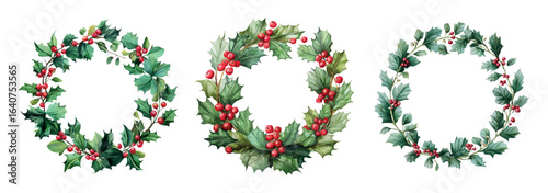 Christmas wreaths with holly branches png. Holly berries branch with green leaves in a round wreath. Decoration and elements for Christmas, winter and New Year designs. Vector illustration.