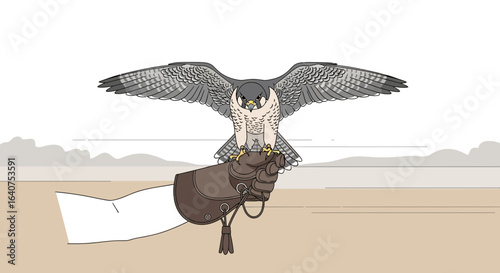 Detailed illustration of a falcon with wings spread on a gloved hand outdoors with scenic views capturing the essence of falconry